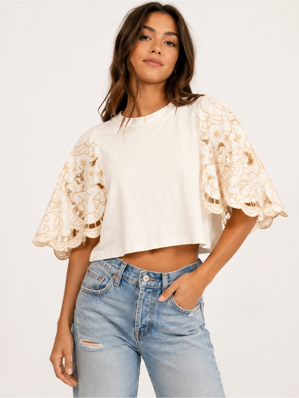 Free People Ivory Embroidered Cutwork Tee XS NWT MSRP $148